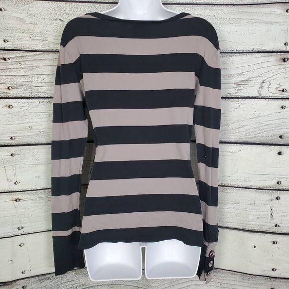 Roxy Taupe & Charcoal Gray Striped Long Sleeve Boatneck Top – Size L - Picture 4 of 6